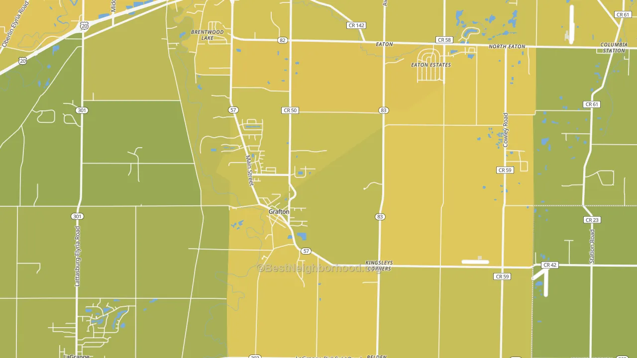 Map of the best neighborhoods in the 44044 area, with better matches in green and worse matches in red