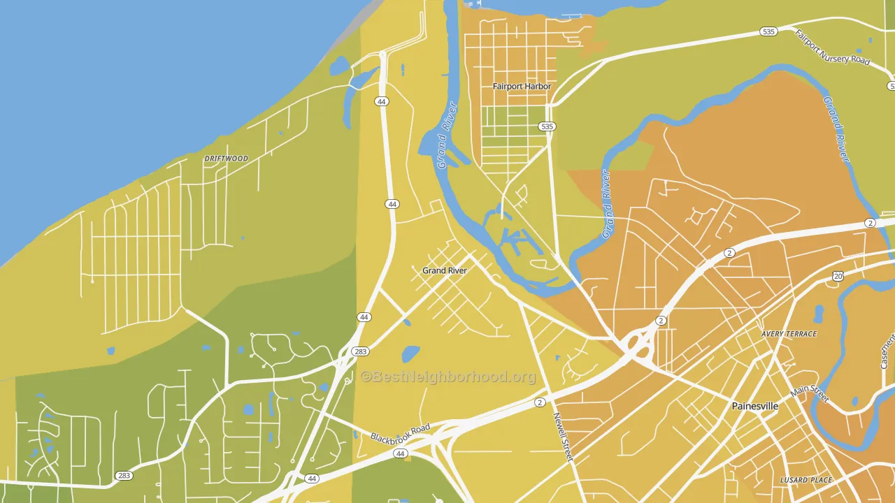 Map of the best neighborhoods in the 44045 area, with better matches in green and worse matches in red