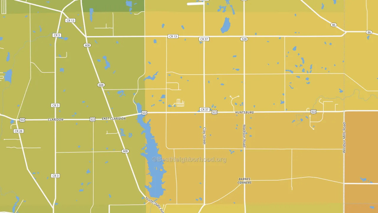Map of the best neighborhoods in the 44046 area, with better matches in green and worse matches in red