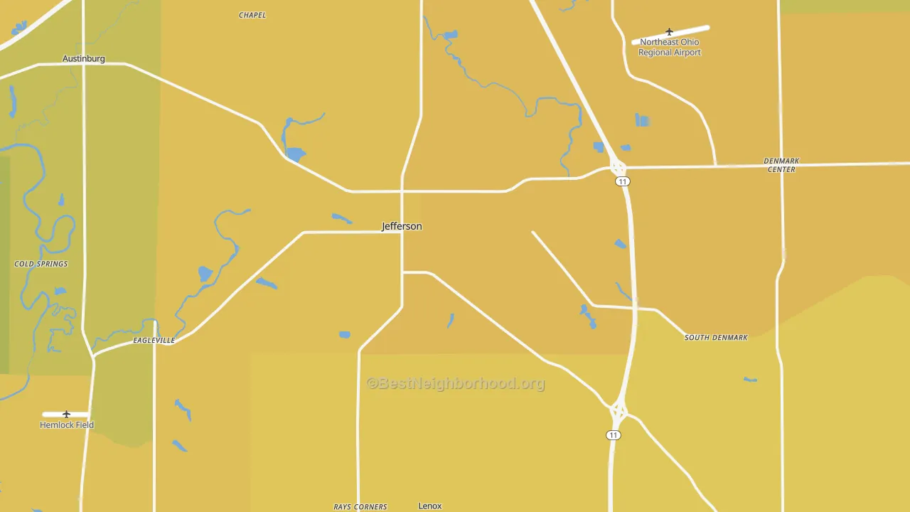 Map of the best neighborhoods in the 44047 area, with better matches in green and worse matches in red