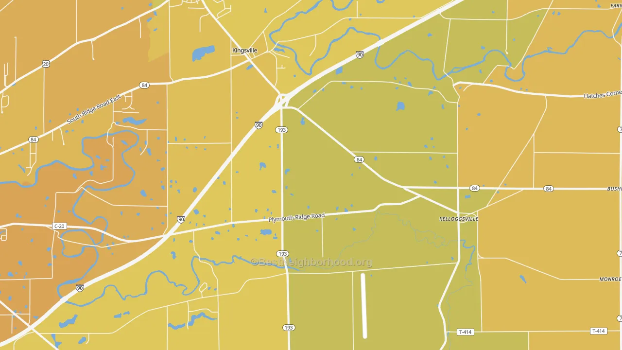 Map of the best neighborhoods in the 44048 area, with better matches in green and worse matches in red