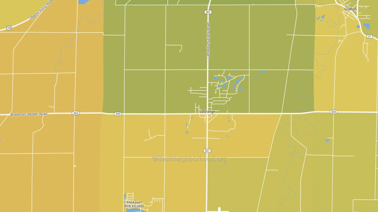 Map of the best neighborhoods in the 44050 area, with better matches in green and worse matches in red