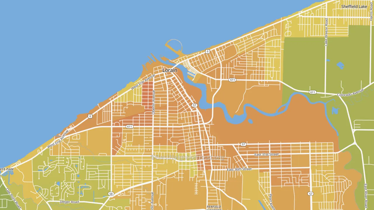 Map of the best neighborhoods in the 44052 area, with better matches in green and worse matches in red