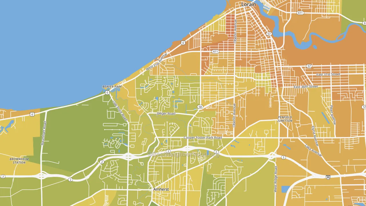 Map of the best neighborhoods in the 44053 area, with better matches in green and worse matches in red