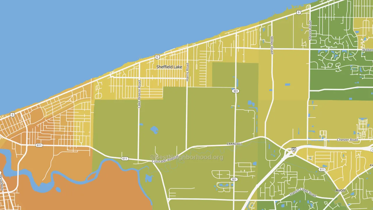Map of the best neighborhoods in the 44054 area, with better matches in green and worse matches in red