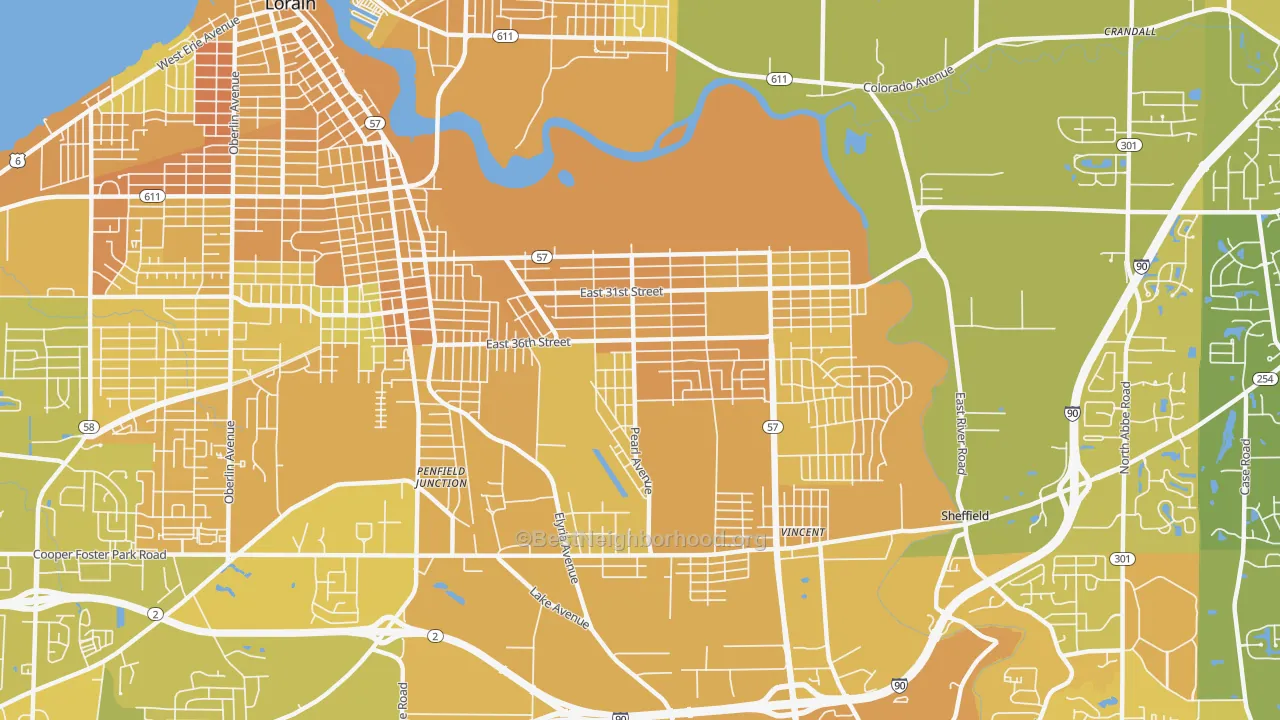 Map of the best neighborhoods in the 44055 area, with better matches in green and worse matches in red