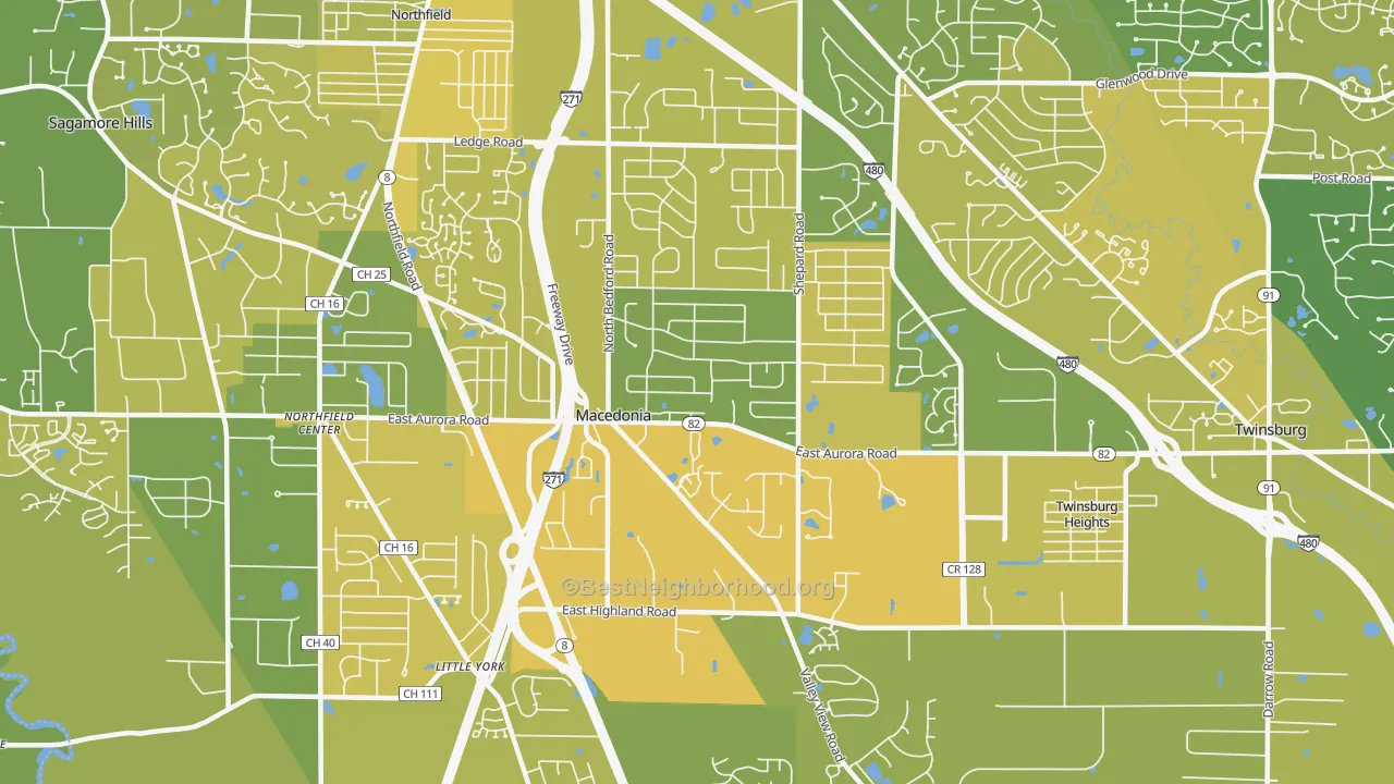 Map of the best neighborhoods in the 44056 area, with better matches in green and worse matches in red