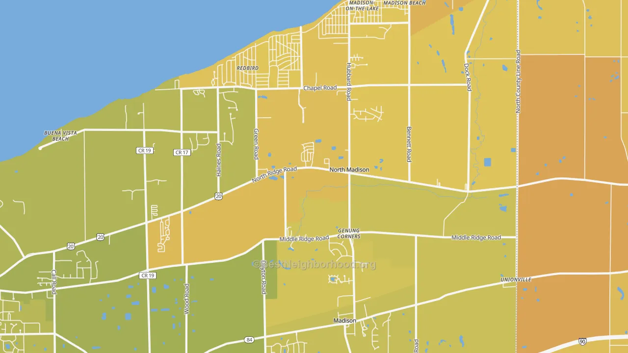 Map of the best neighborhoods in the 44057 area, with better matches in green and worse matches in red