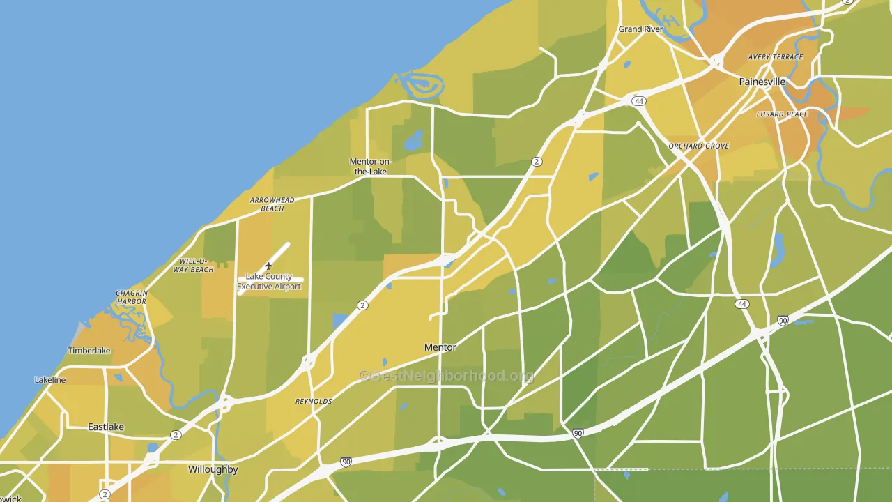 Map of the best neighborhoods in the 44060 area, with better matches in green and worse matches in red