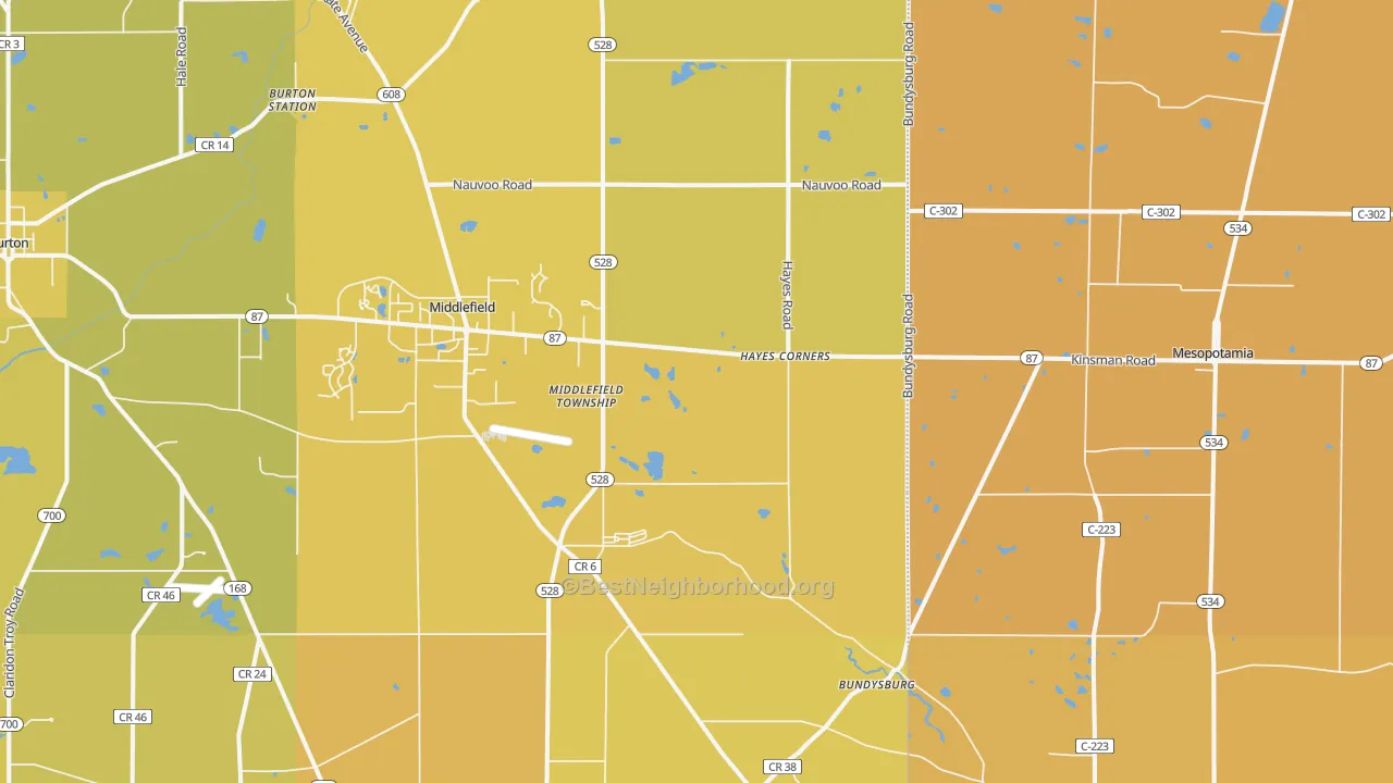 Map of the best neighborhoods in the 44062 area, with better matches in green and worse matches in red