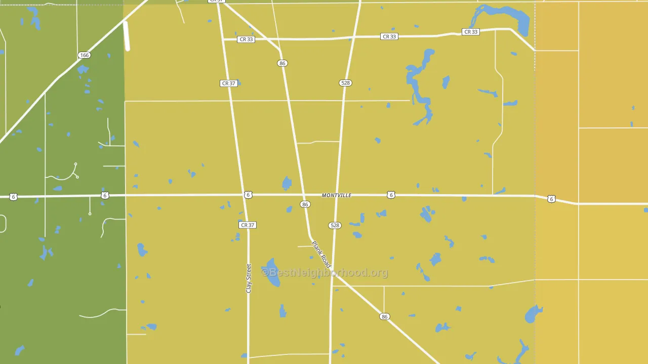 Map of the best neighborhoods in the 44064 area, with better matches in green and worse matches in red