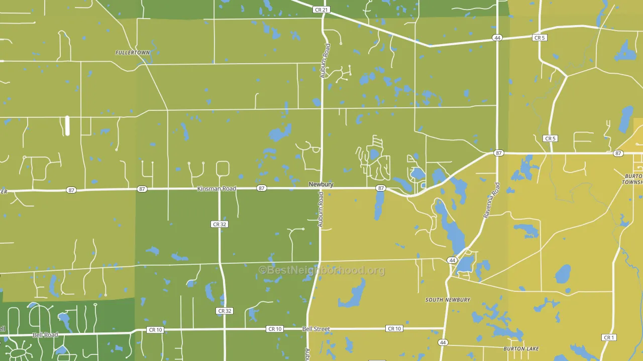 Map of the best neighborhoods in the 44065 area, with better matches in green and worse matches in red