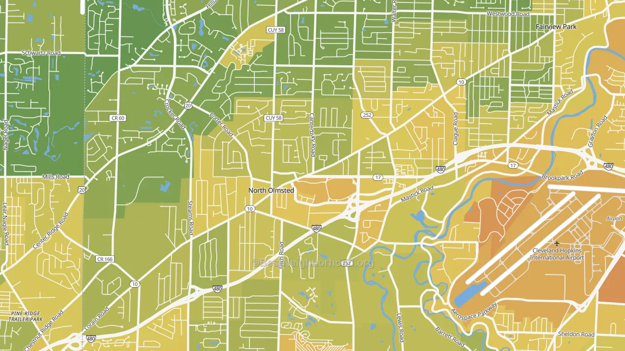 Map of the best neighborhoods in the 44070 area, with better matches in green and worse matches in red