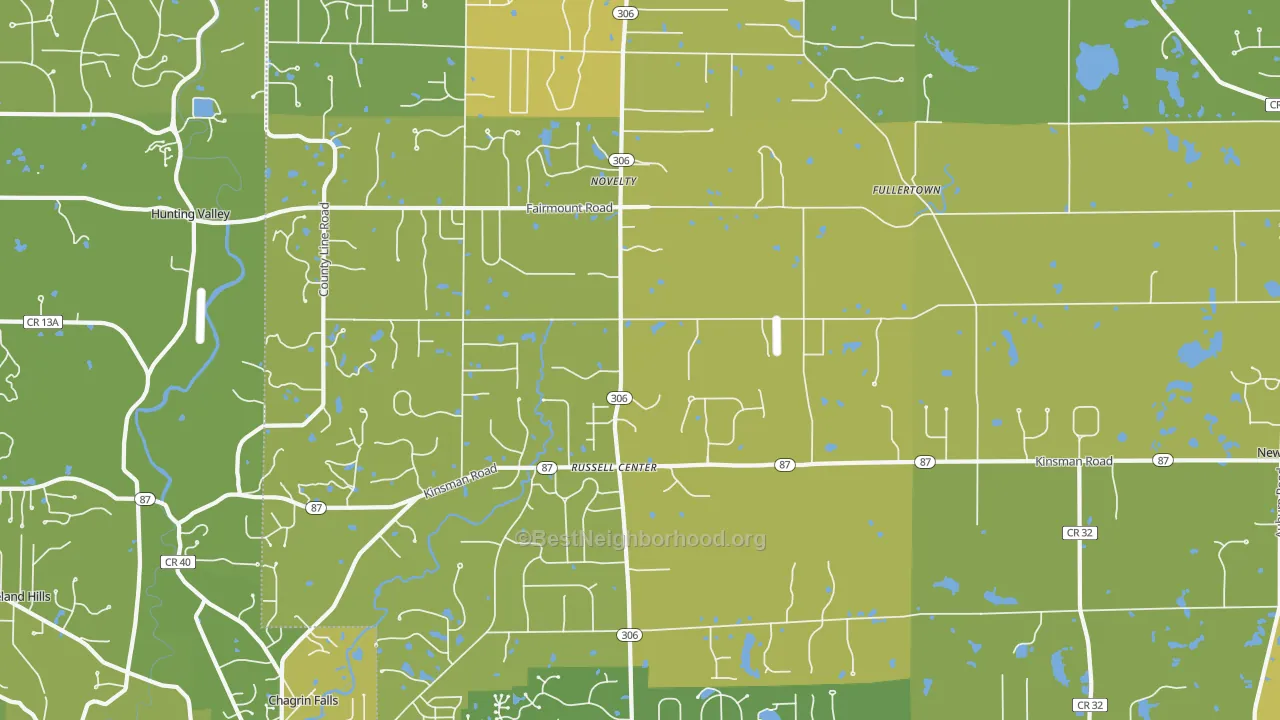 Map of the best neighborhoods in the 44072 area, with better matches in green and worse matches in red