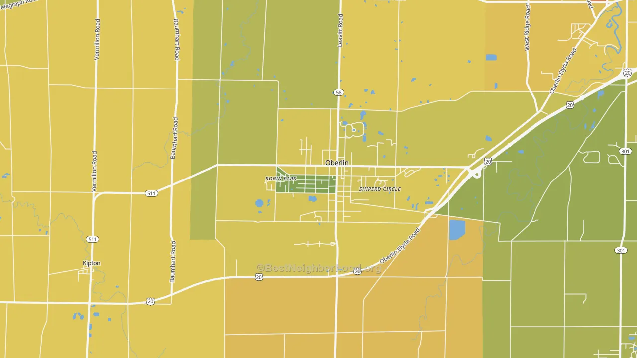 Map of the best neighborhoods in the 44074 area, with better matches in green and worse matches in red