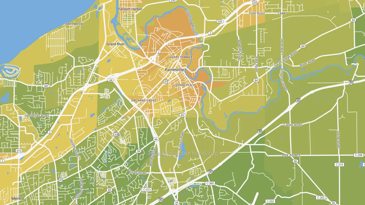 Map of the best neighborhoods in the 44077 area, with better matches in green and worse matches in red
