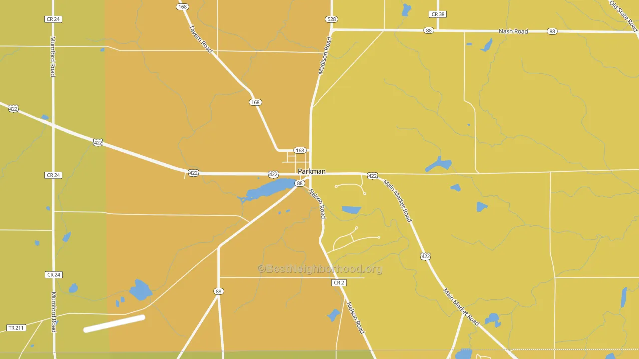 Map of the best neighborhoods in the 44080 area, with better matches in green and worse matches in red