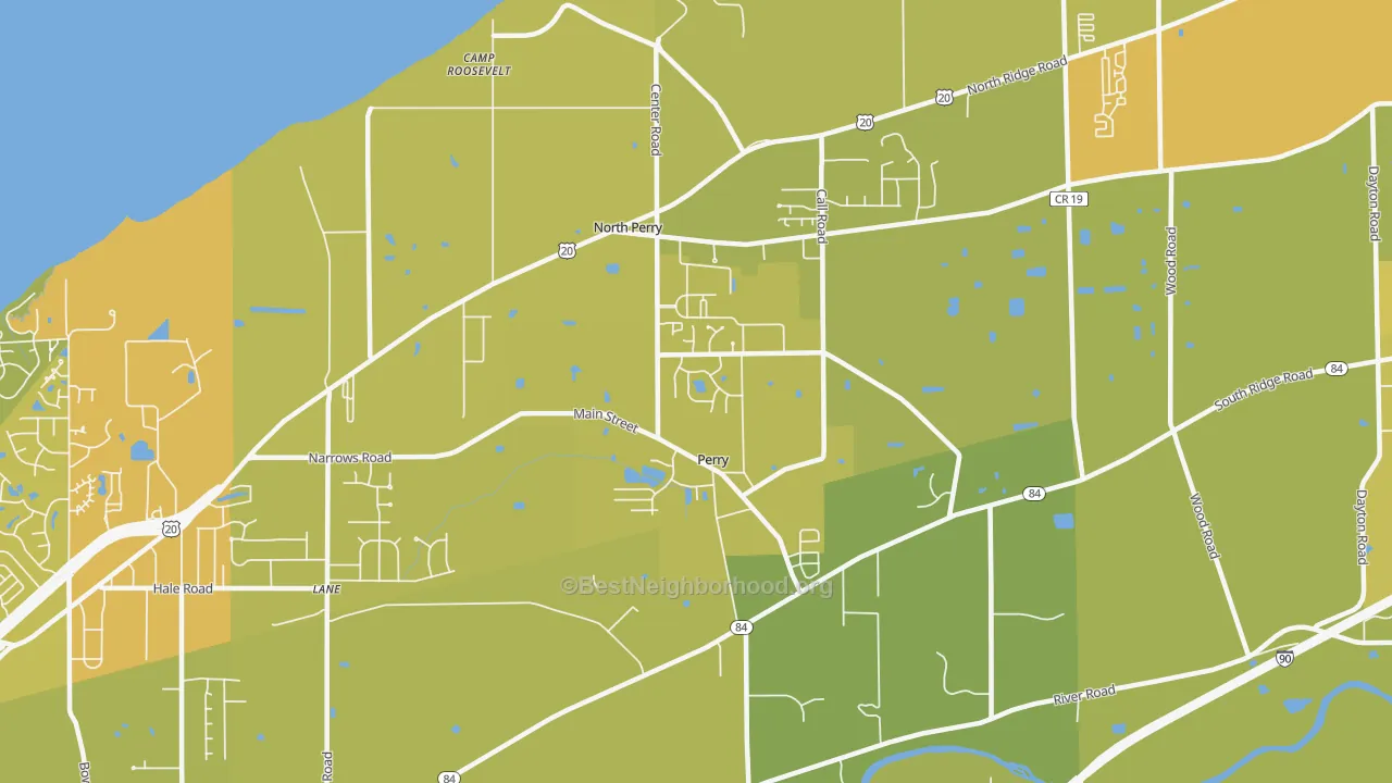Map of the best neighborhoods in the 44081 area, with better matches in green and worse matches in red