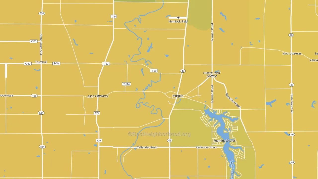 Map of the best neighborhoods in the 44084 area, with better matches in green and worse matches in red