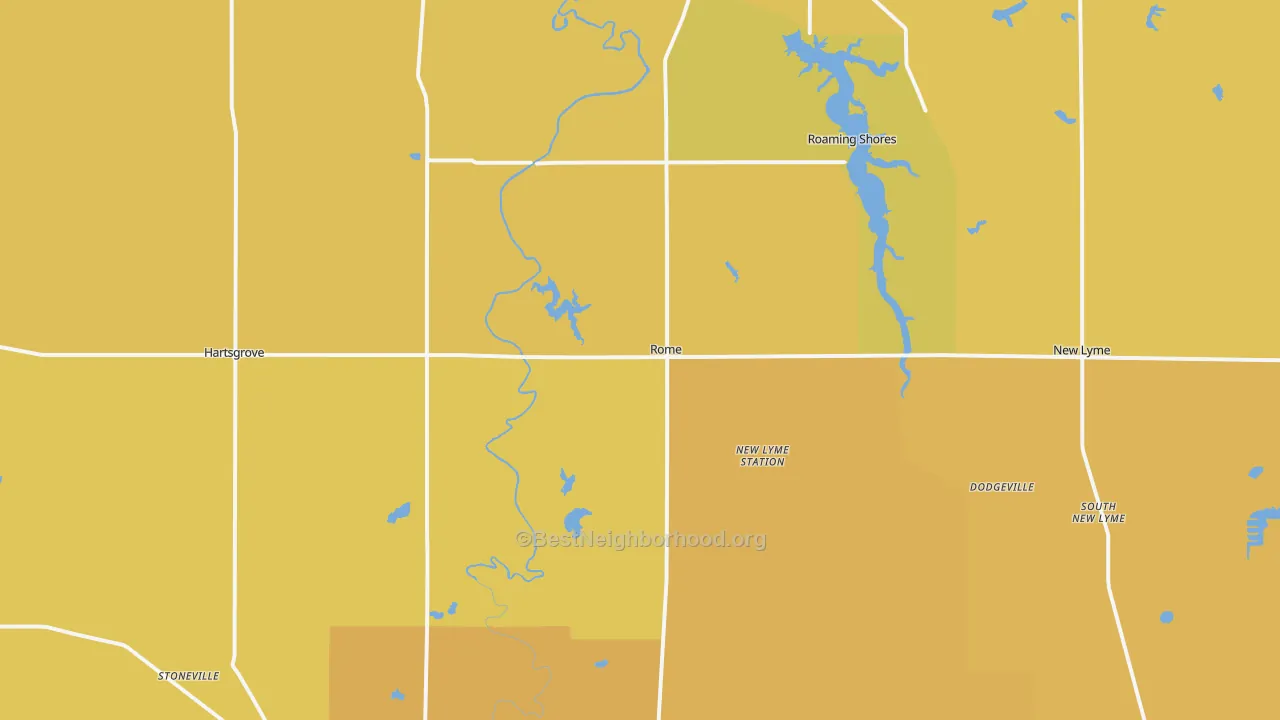 Map of the best neighborhoods in the 44085 area, with better matches in green and worse matches in red