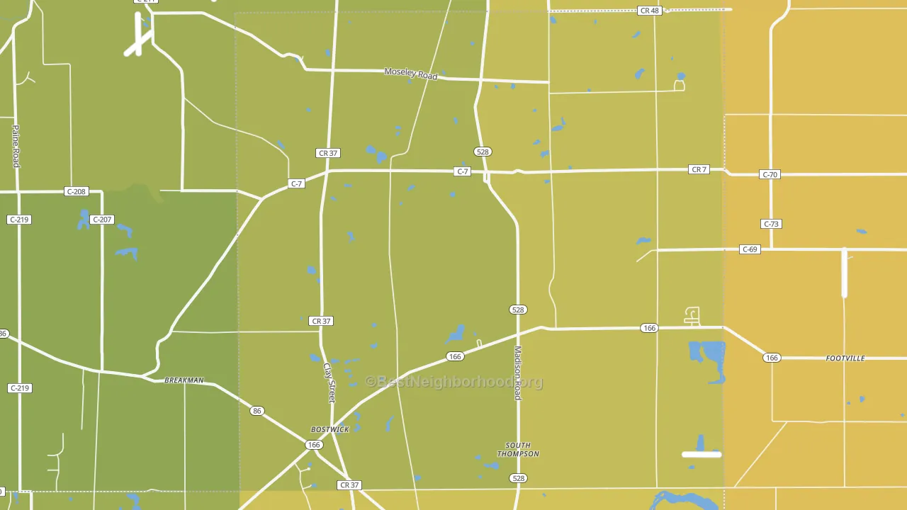 Map of the best neighborhoods in the 44086 area, with better matches in green and worse matches in red