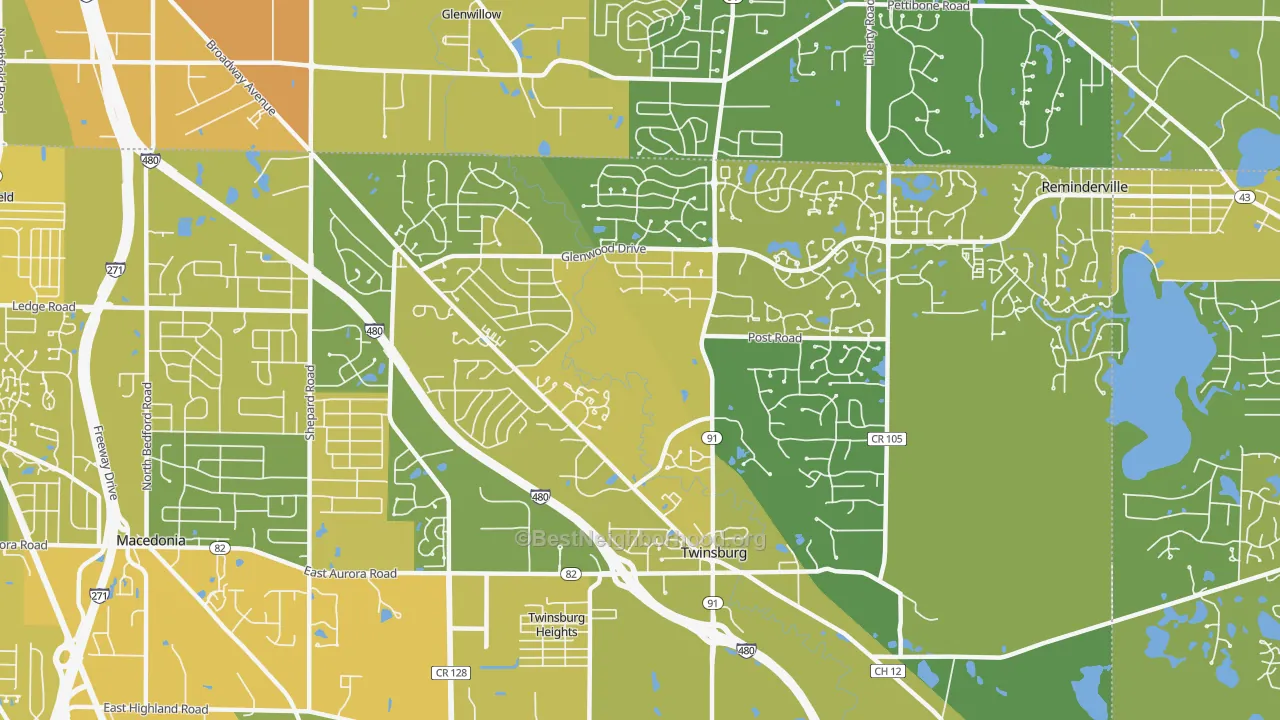 Map of the best neighborhoods in the 44087 area, with better matches in green and worse matches in red