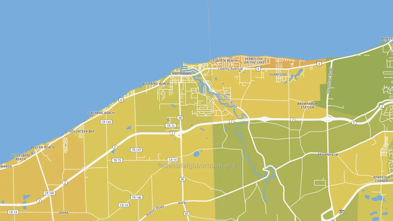 Map of the best neighborhoods in the 44089 area, with better matches in green and worse matches in red
