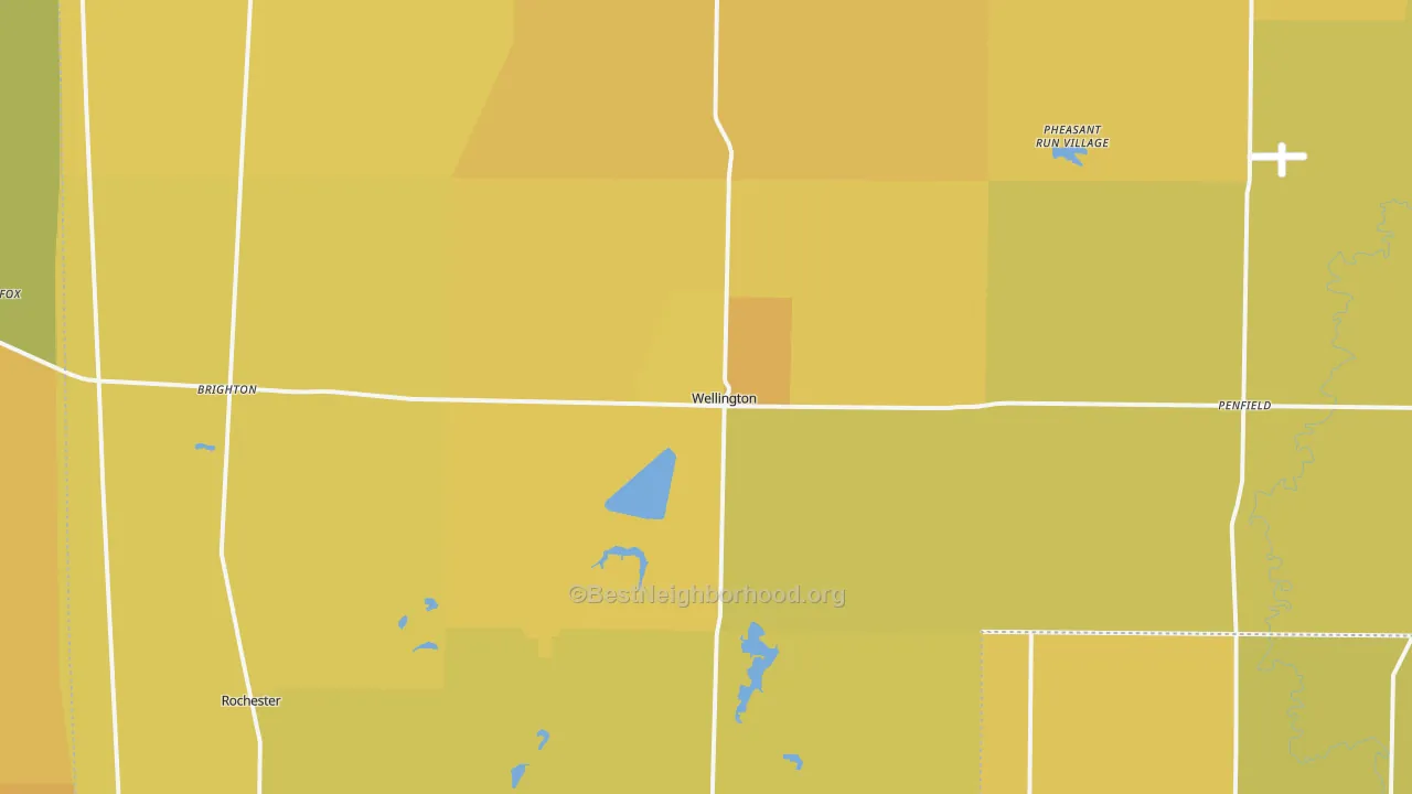 Map of the best neighborhoods in the 44090 area, with better matches in green and worse matches in red