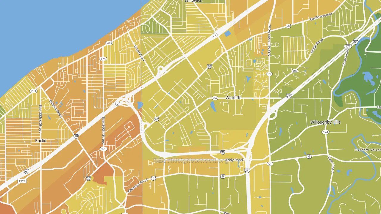 Map of the best neighborhoods in the 44092 area, with better matches in green and worse matches in red
