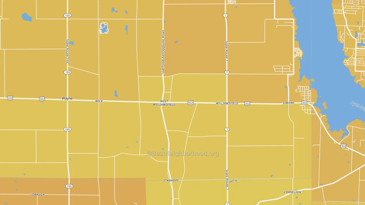 Map of the best neighborhoods in the 44093 area, with better matches in green and worse matches in red
