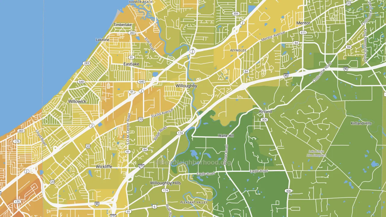 Map of the best neighborhoods in the 44094 area, with better matches in green and worse matches in red