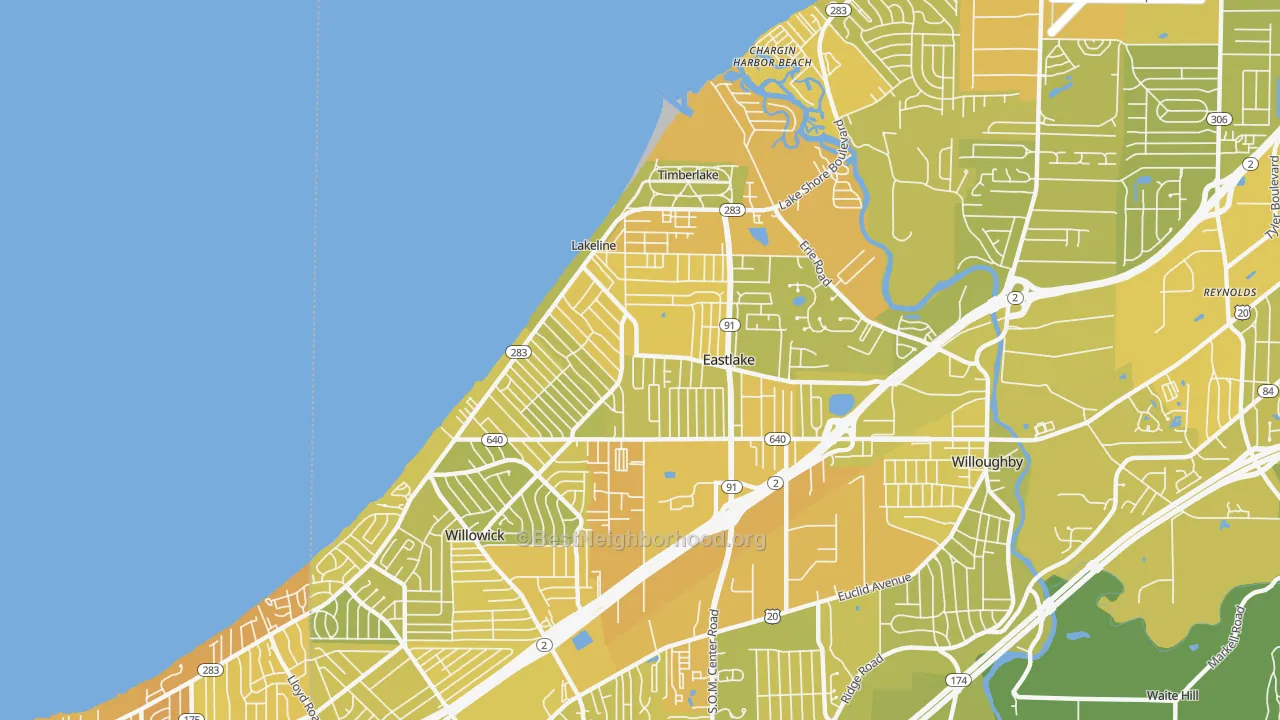 Map of the best neighborhoods in the 44095 area, with better matches in green and worse matches in red