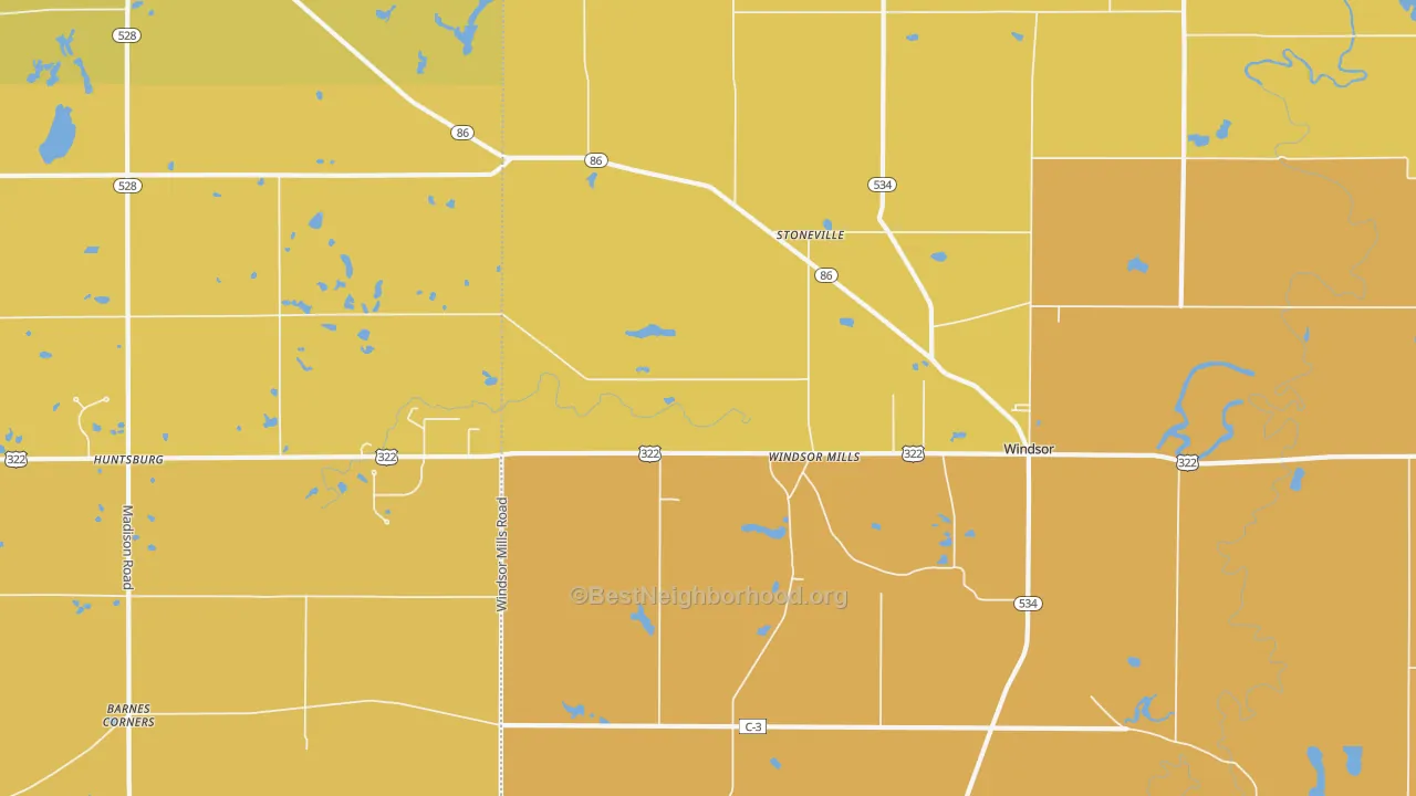 Map of the best neighborhoods in the 44099 area, with better matches in green and worse matches in red