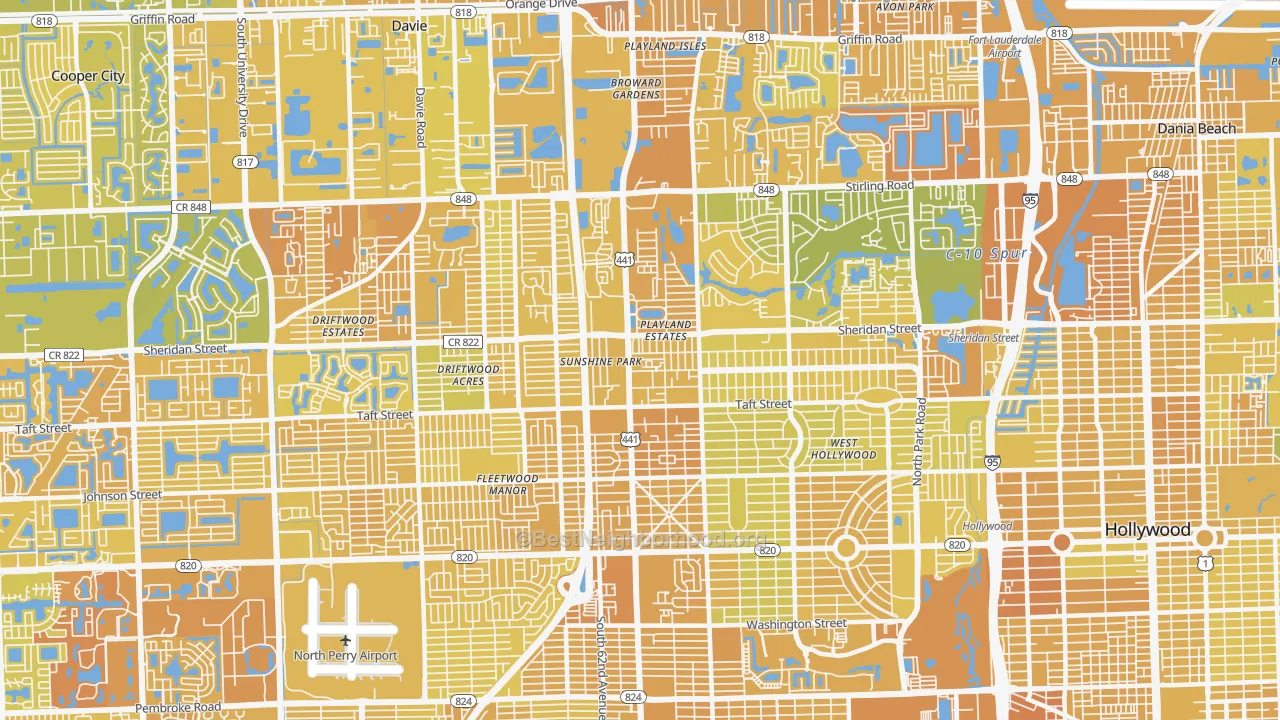 Map of the best neighborhoods in the 441 Corridor, Hollywood area, with better matches in green and worse matches in red