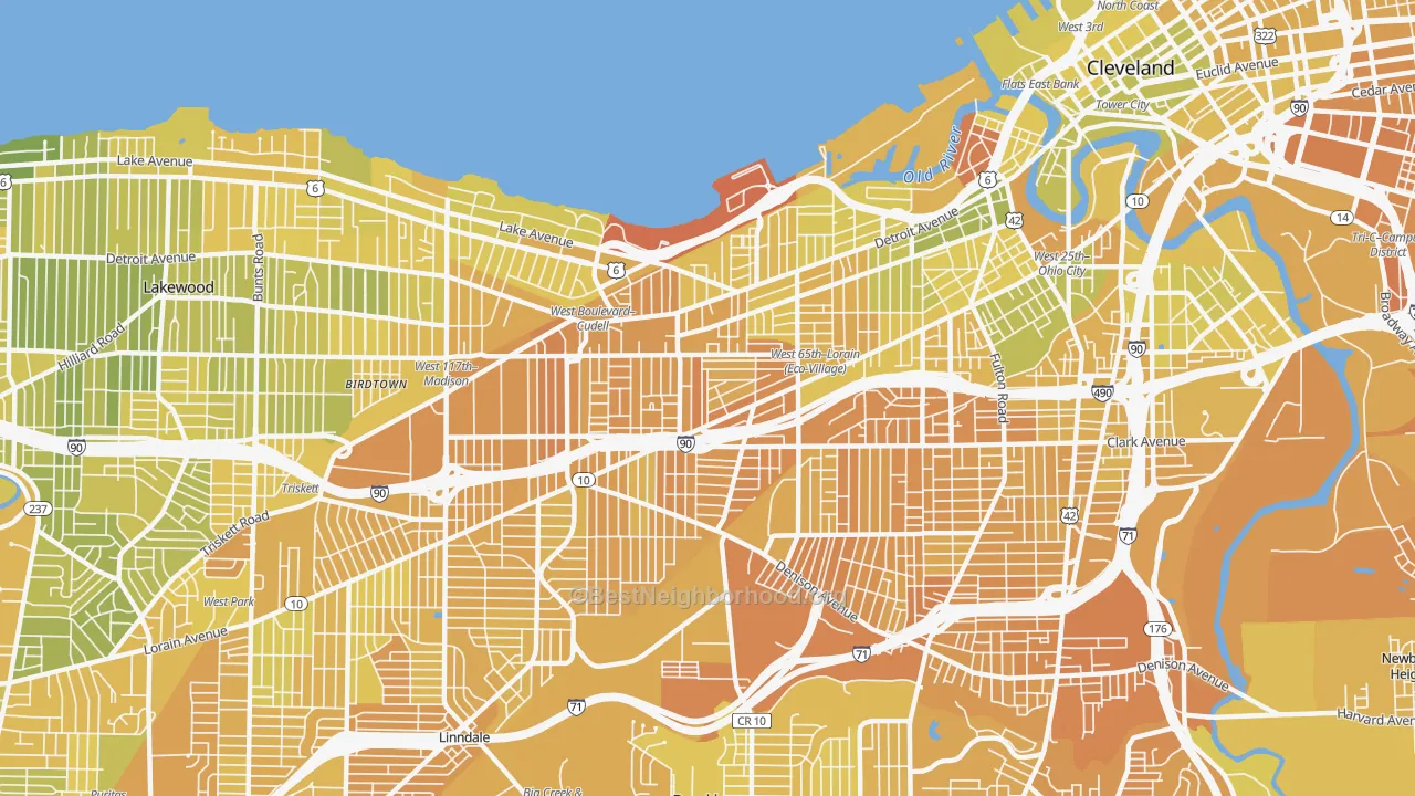 Map of the best neighborhoods in the 44102 area, with better matches in green and worse matches in red
