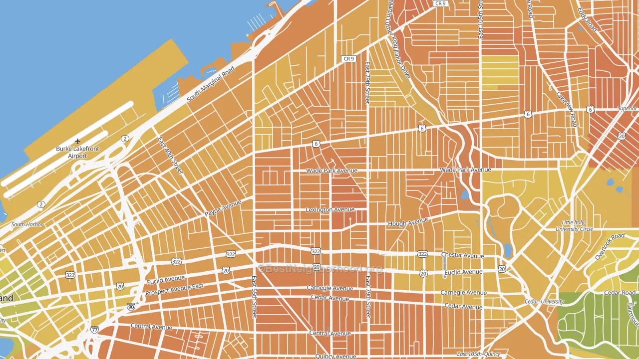 Map of the best neighborhoods in the 44103 area, with better matches in green and worse matches in red