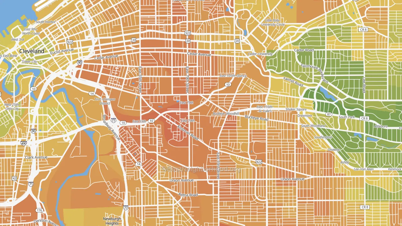Map of the best neighborhoods in the 44104 area, with better matches in green and worse matches in red