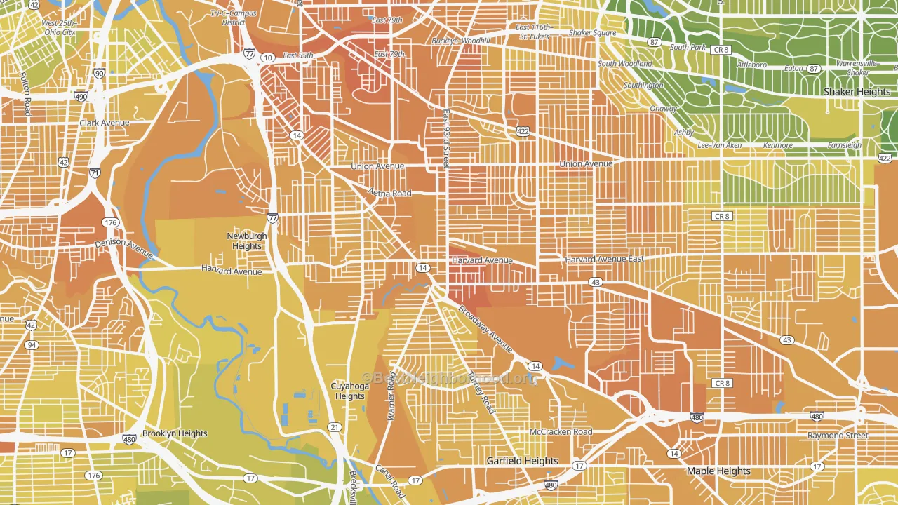 Map of the best neighborhoods in the 44105 area, with better matches in green and worse matches in red