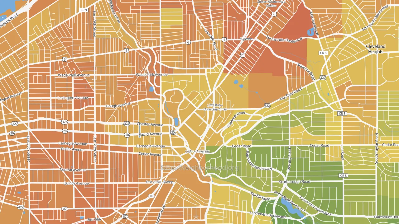 Map of the best neighborhoods in the 44106 area, with better matches in green and worse matches in red