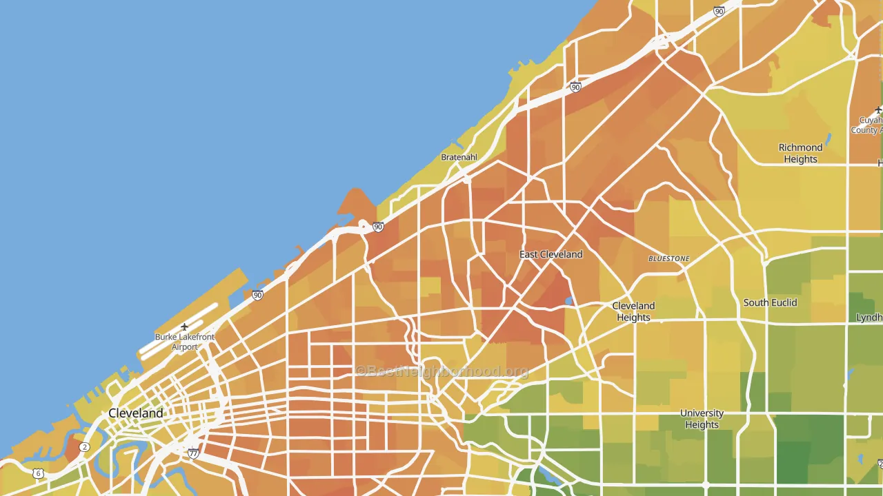 Map of the best neighborhoods in the 44108 area, with better matches in green and worse matches in red