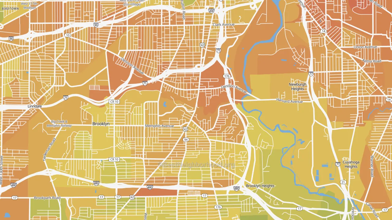 Map of the best neighborhoods in the 44109 area, with better matches in green and worse matches in red