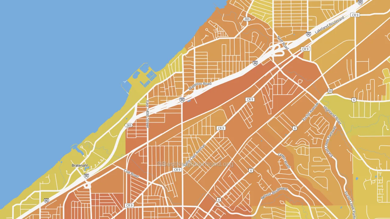 Map of the best neighborhoods in the 44110 area, with better matches in green and worse matches in red