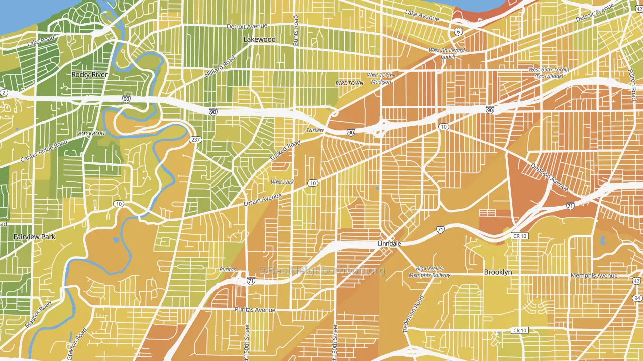Map of the best neighborhoods in the 44111 area, with better matches in green and worse matches in red