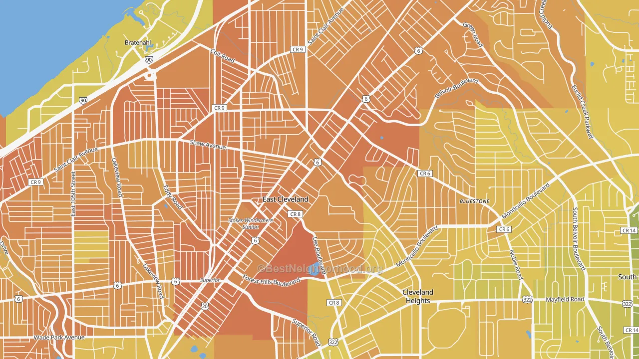 Map of the best neighborhoods in the 44112 area, with better matches in green and worse matches in red