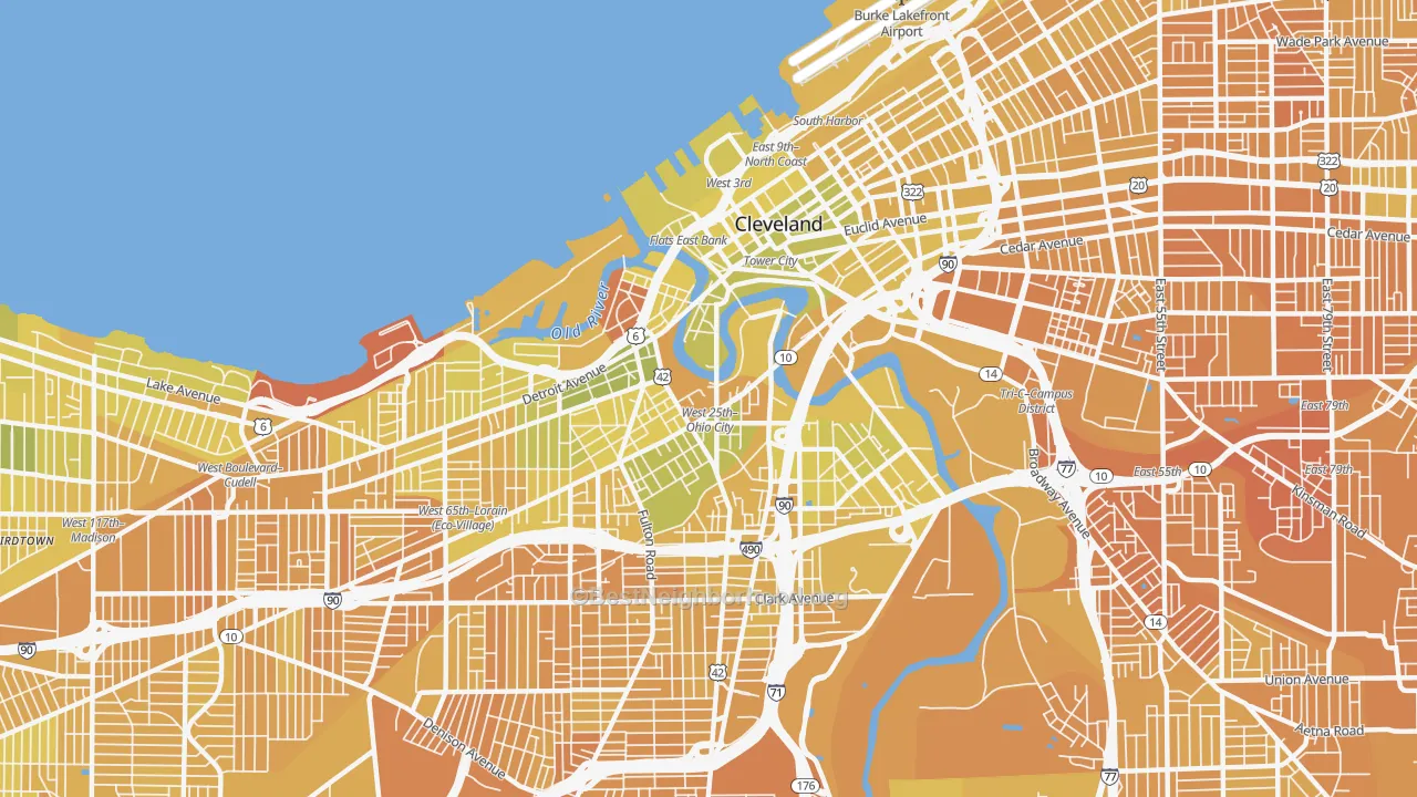 Map of the best neighborhoods in the 44113 area, with better matches in green and worse matches in red