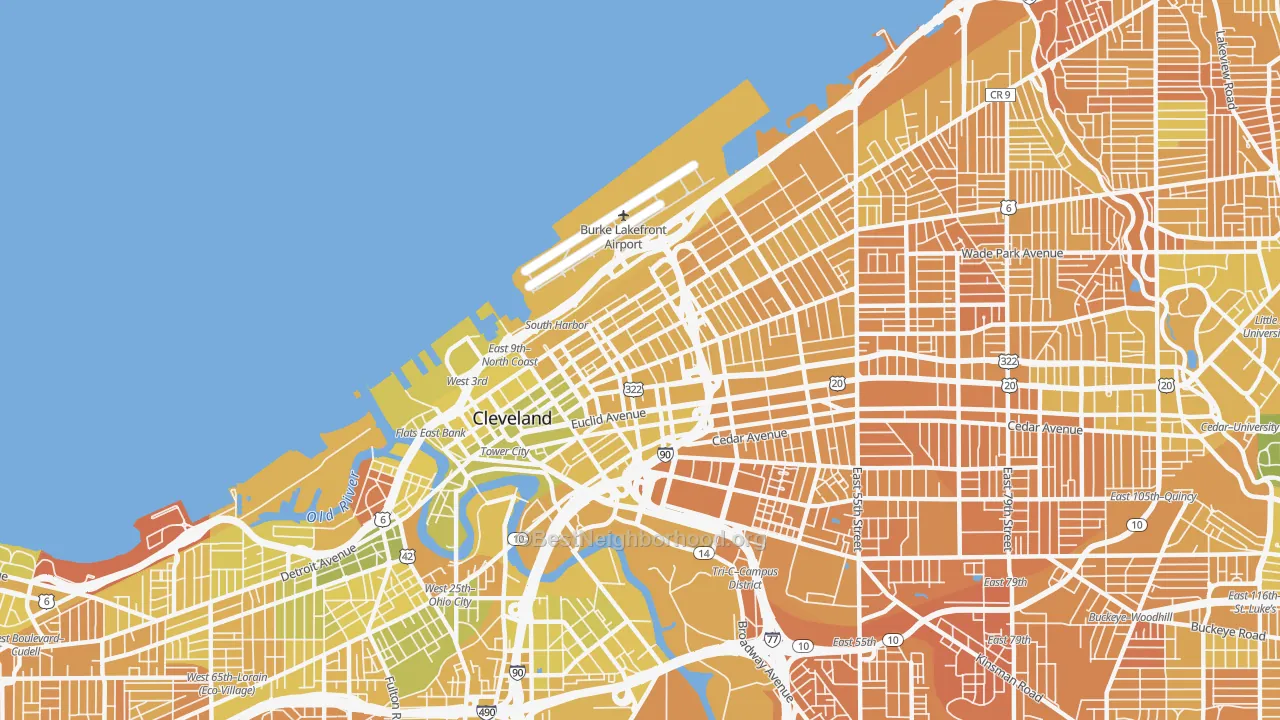 Map of the best neighborhoods in the 44114 area, with better matches in green and worse matches in red