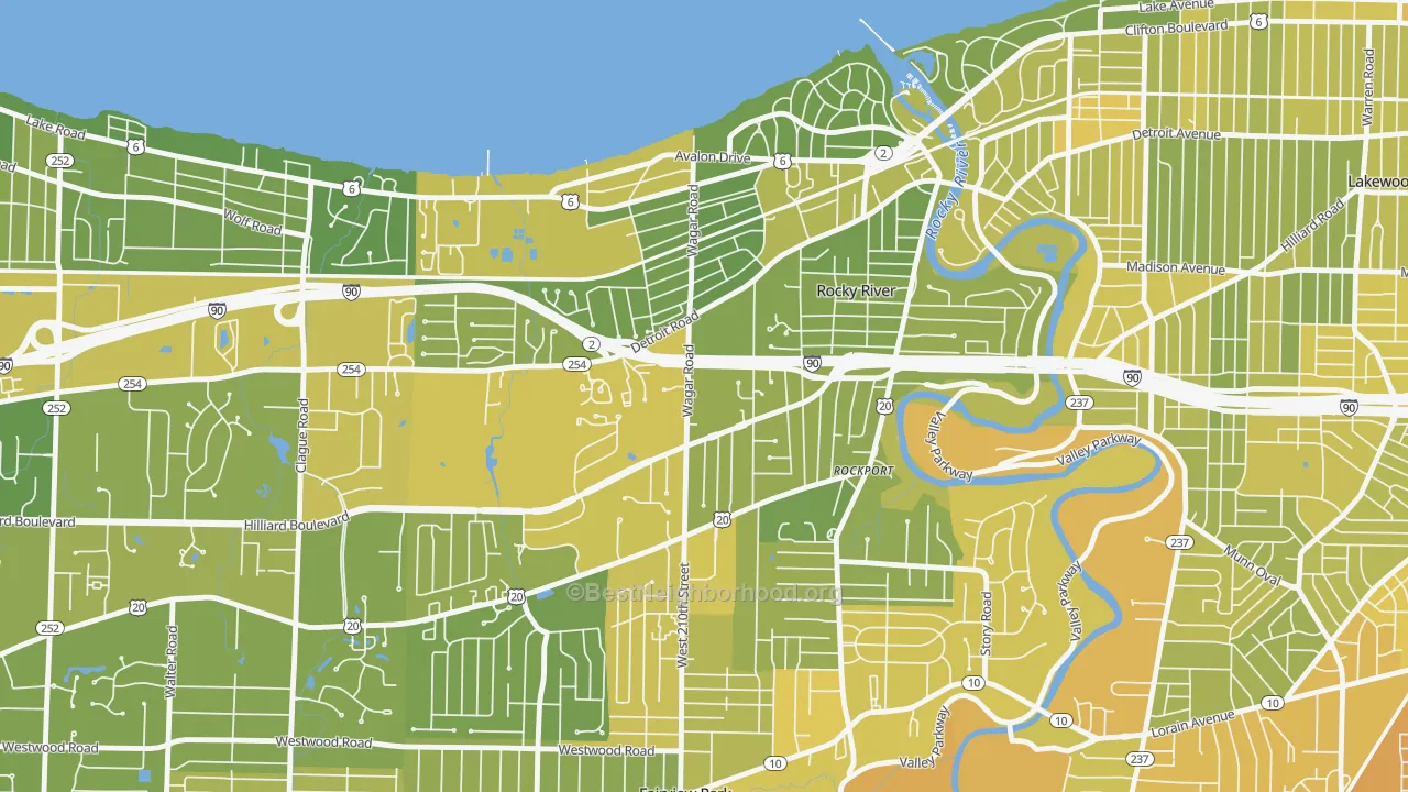 Map of the best neighborhoods in the 44116 area, with better matches in green and worse matches in red
