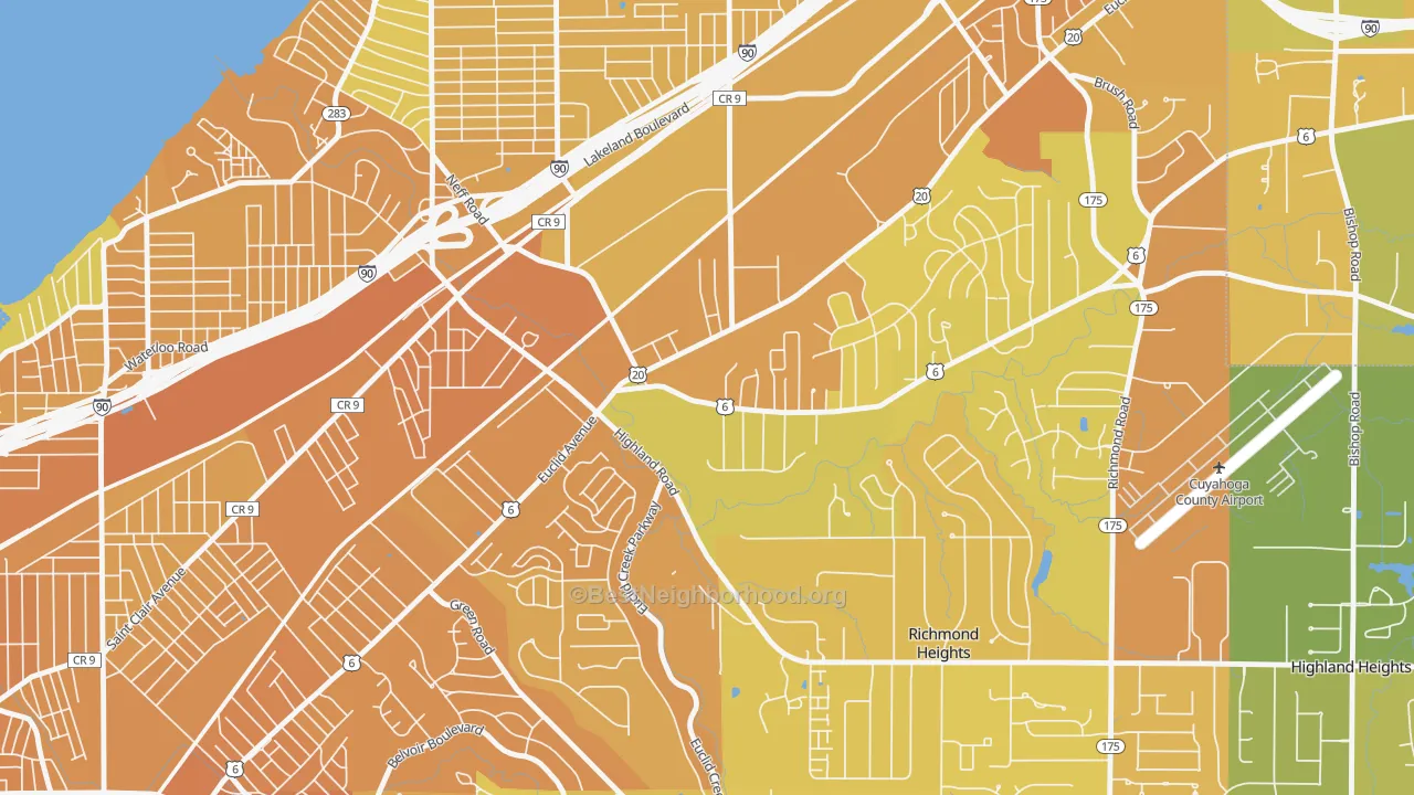 Map of the best neighborhoods in the 44117 area, with better matches in green and worse matches in red