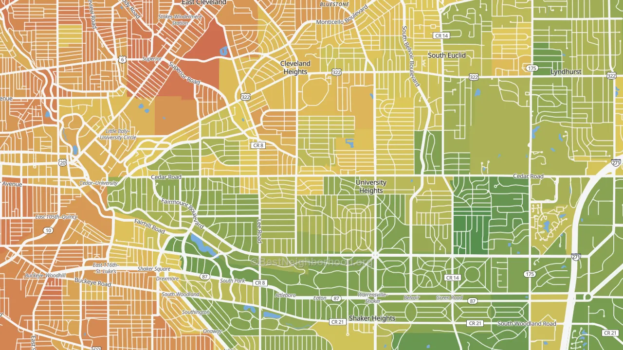 Map of the best neighborhoods in the 44118 area, with better matches in green and worse matches in red