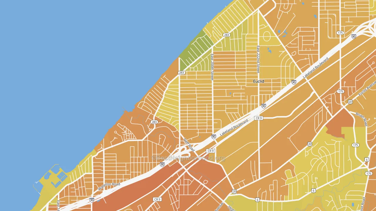 Map of the best neighborhoods in the 44119 area, with better matches in green and worse matches in red